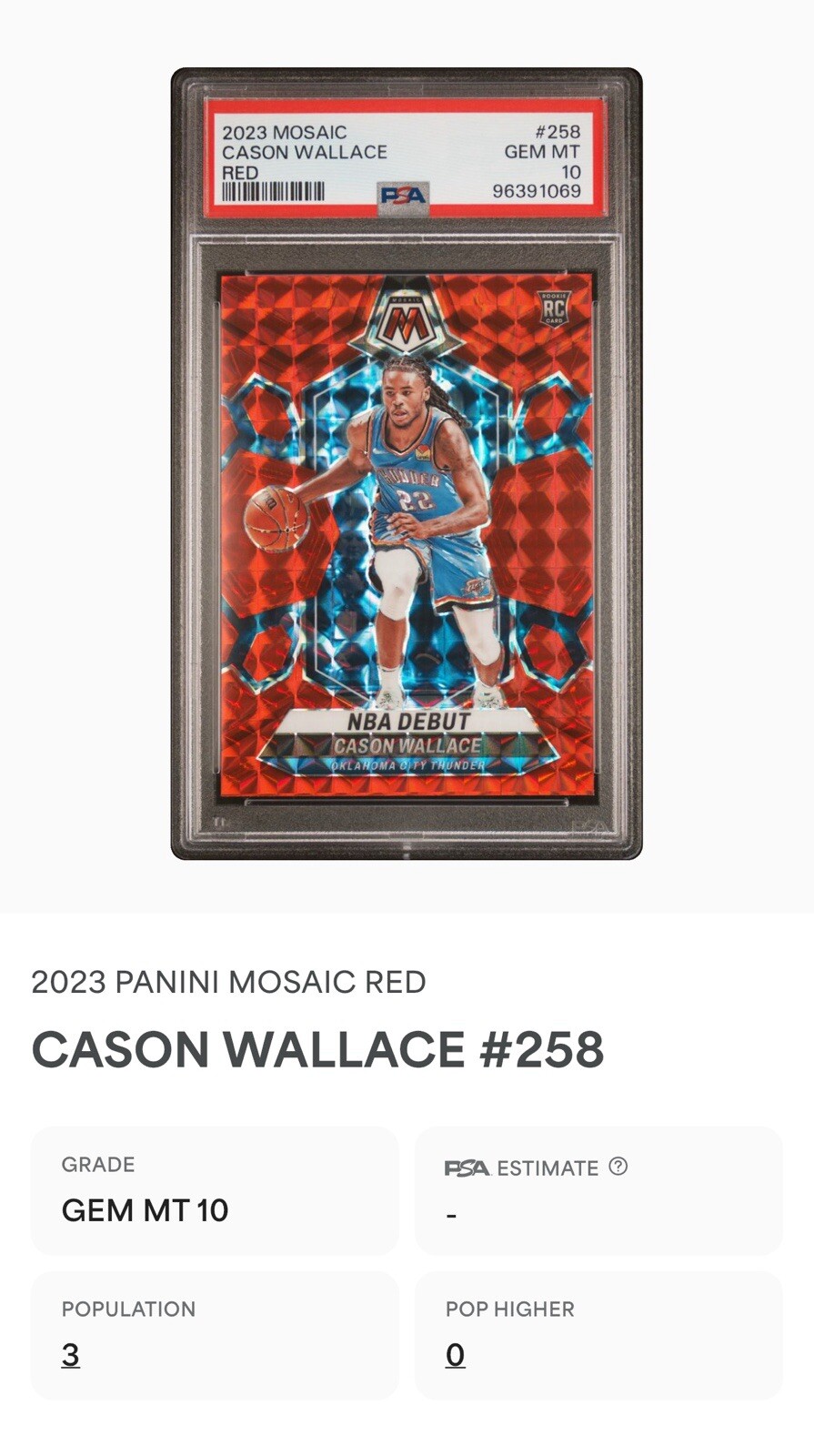 Cason Wallace 2023 Panini Mosaic Red Mosaic Prizm NBA Debut PSA 10 POP 3