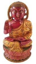 Wooden Buddha Sitting on Lotus Statue Painted Feng Shui Tibetan Buddha