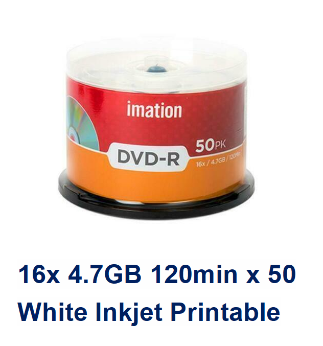 Imation 17350 White DVD-R 16x 4.7GB 120min 50 Spindle Inkjet Printable ...