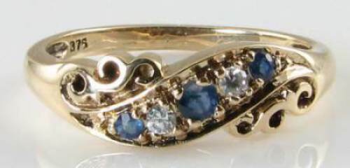9CT 9K GOLD SAPPHIRE & DIAMOND VINTAGE INS GYPSY BAND RING FREE RESIZE - Picture 3 of 5