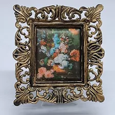 Vintage Ornate Plastic Gold Mini Picture Frame With Floral Satin Fabric 2x2.5
