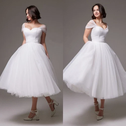 Tea Length Wedding Dresses Beach Boho Short Sleeves 2025 Elegant Bridal Gowns - Picture 2 of 7