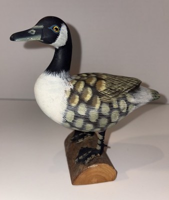 Vintage Wooden Duck Decoy on Log Hand Painted Glass Eyes Hand Carved