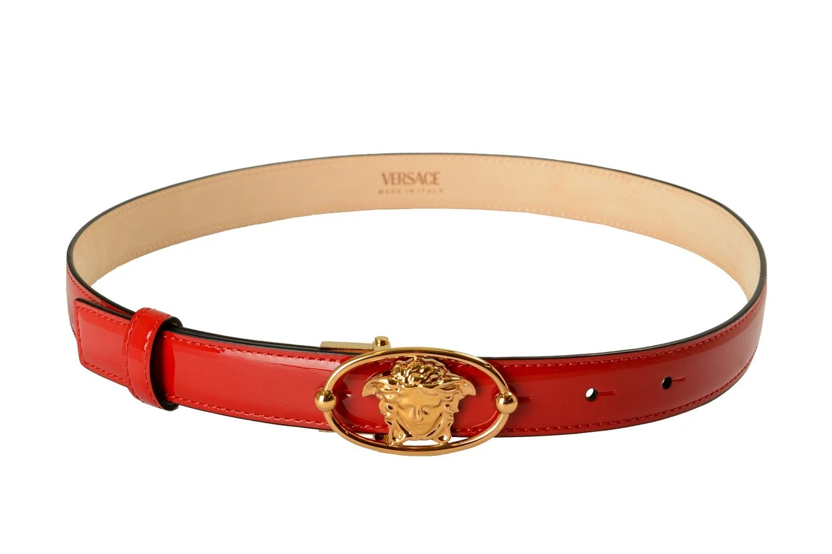 Versace Red 100% Patent Leather Gold Medusa Head Decorated Belt US 26 IT 65 VERSACE GOLD WINGED MEDUSA BELT BUCKLE RED LEATHER Made In  main image 3