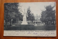 Soldier's monument and Park Hotel, Winsted CT CONN postcard p/u 1907