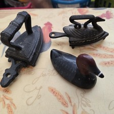 Vintage Mini Metal Cast Iron Sad Irons with Trivets  Duck Salesman Sample - Toy