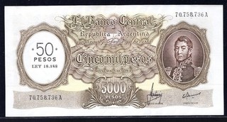 ARGENTINA 50 PESOS REVALUE ON 5000 PESOS ND(1969 70) SERIES A P285 B338a