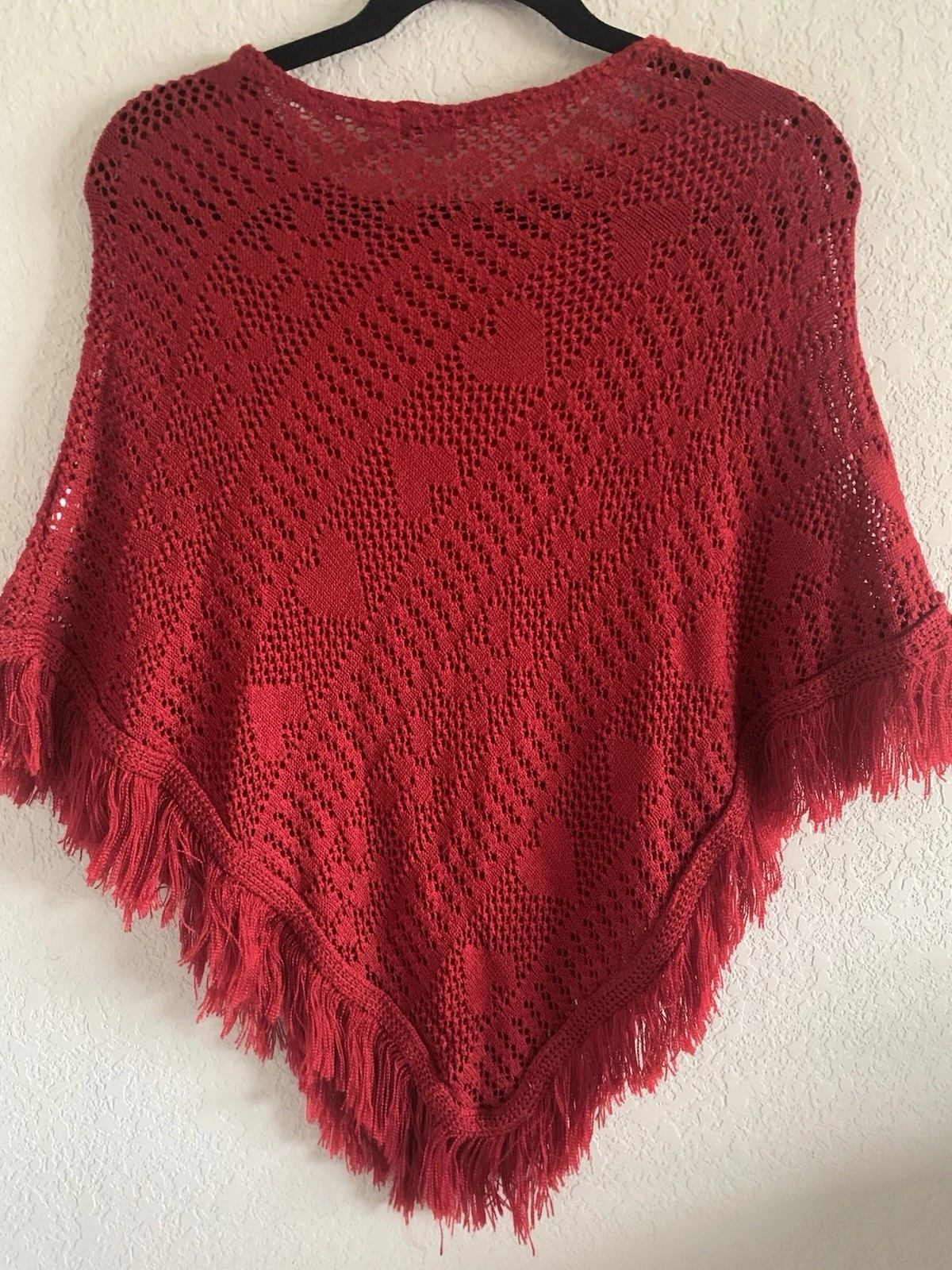 Vivid Ruby Red Net-Knit fringe Granny square Poncho one size festival Boho Y2K