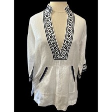 Tory Burch Tunic Top-White Linen-Navy Blue embroidered-Front Pocket-1188