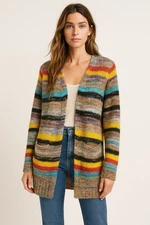 Misslook Colorful Striped Knit Cardigan XL Open Front Boho Multicolor Sweater
