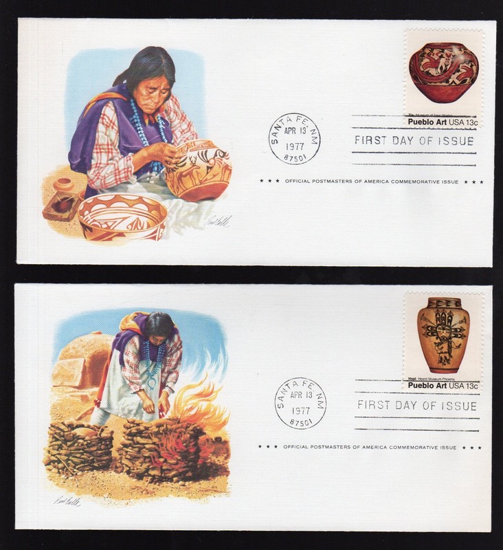 US FDC - Scott #1708-09 PUEBLO ART POTTERY 13¢ Postmasters of America (1977)