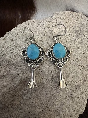 Kingman Turquoise Matte Sterling Silver Dangle Squash Blossom Earrings 1.95 L