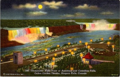 1947 Curt Teich Linen Postcard Niagara Falls Oakes Garden Theatre Night