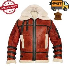 Men's Brown Bomber Faux Shearling Jacket Real Sheepskin Leather RAF Aviator Coat