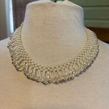 Vintage Faux Pearl Bib Necklace White Clear Beaded Multi Strand Choker Gold Tone