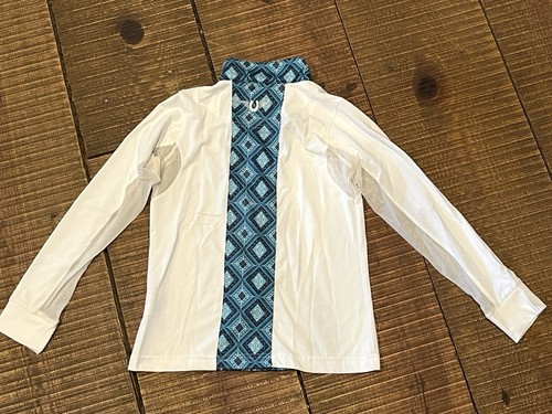 Girls Tuff Rider Equestrian Top Mesh Long Sleeves White Blue Accent Size Small 