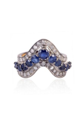 Blue Sapphire Gemstone And Pave Diamond 925 Sterling Silver Handmade Ring Gift
