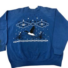 Vtg 80's Blue Winter Snow Storm FLYING DUCK Hunt RAGLAN 50/50 RAGLAN Sweatshirt