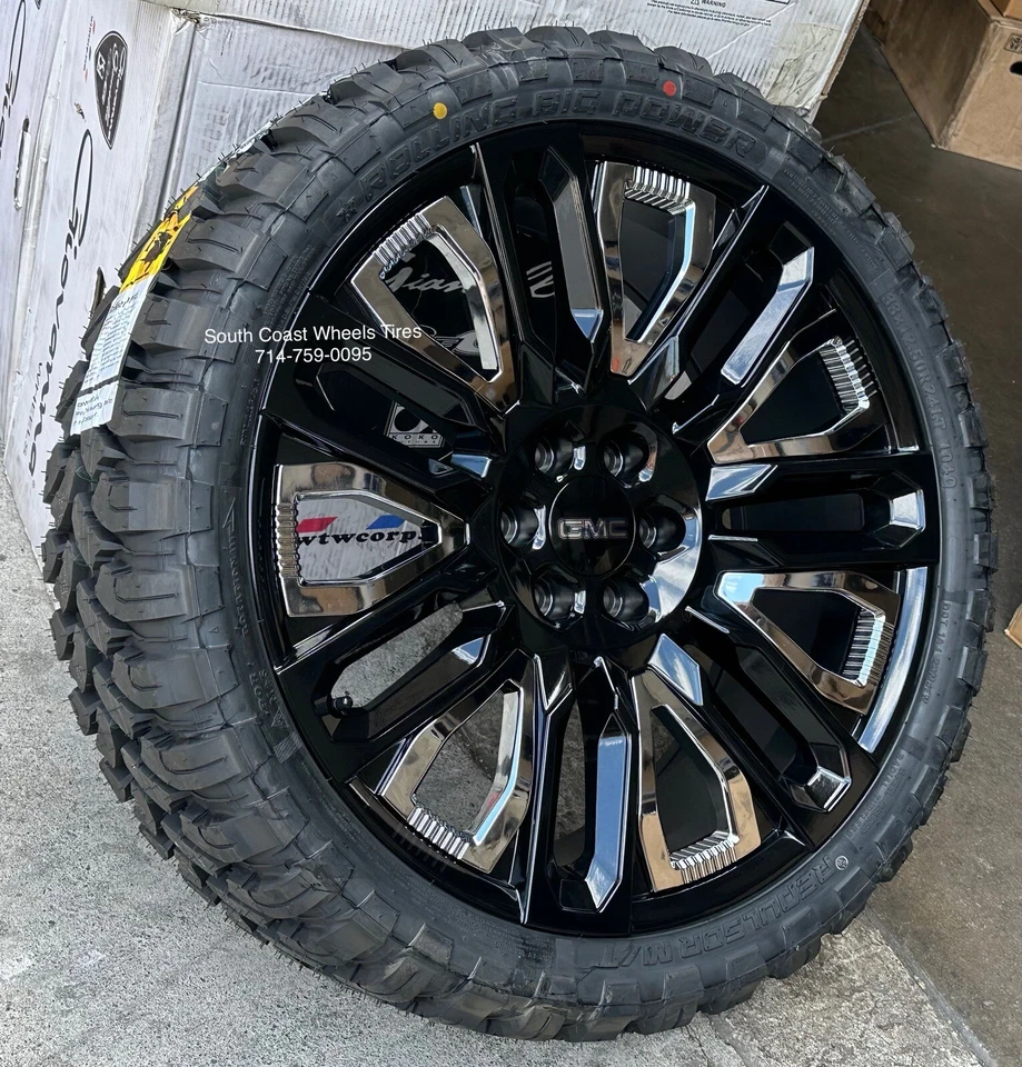 24” BLACK CHROME WHEELS 33” Mud MT TIRES Sierra Yukon Silverado Tahoe Suburban - Image 2 of 4