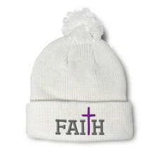 Pom Pom Beanies for Women Faith B Embroidery Faith Winter Hats for Men Skull Cap