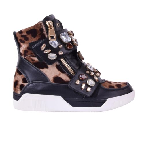 DOLCE & GABBANA Crystals Leopard High-Top Zip Sneakers Shoes Black 05875