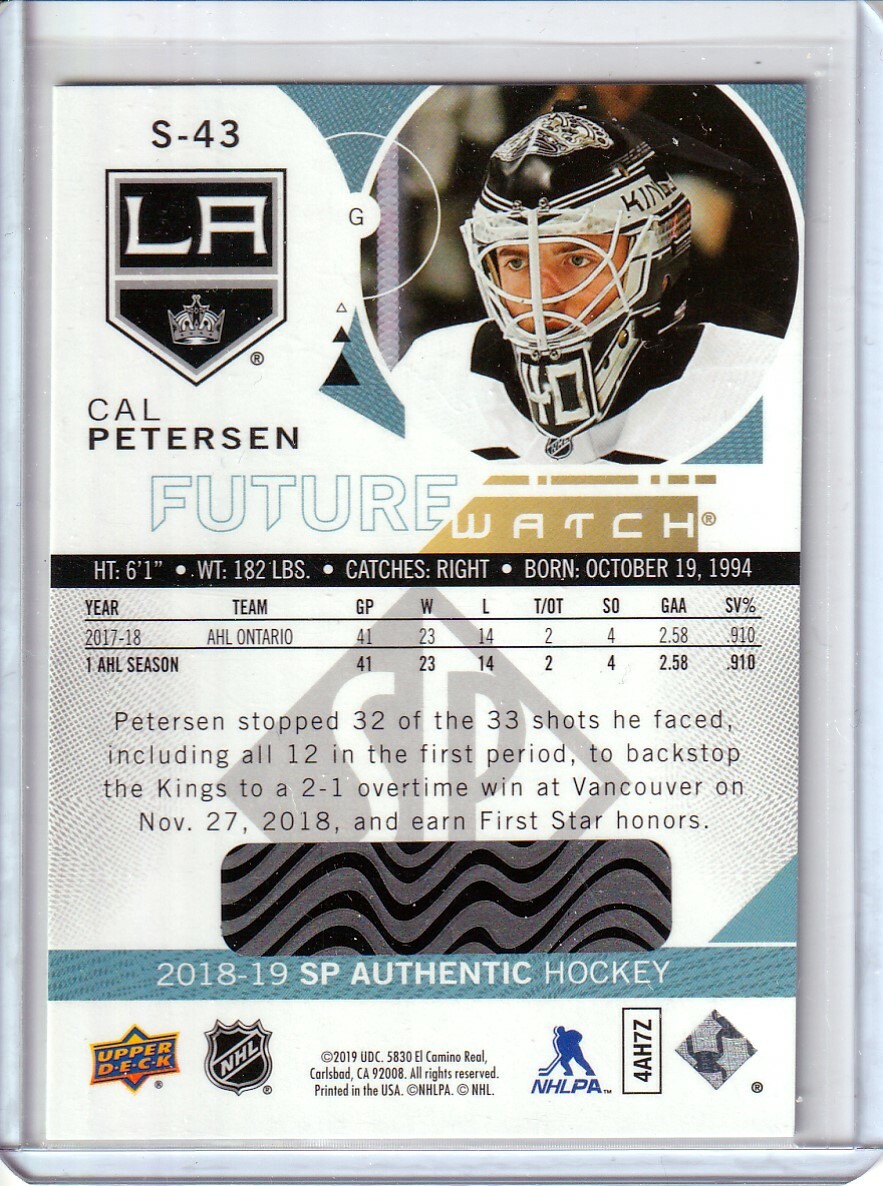 2018-19 SP Authentic Spectrum FX #S43 Cal Petersen RC - Los 2018-19 SP Authentic Spectrum FX #S43 Cal Petersen RC - Los