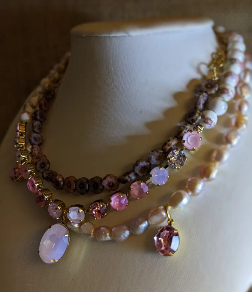 Victorian Darling Pink Opal Swarovski Crystal Porcelain & Beads Layered Necklace - Image 2 of 4