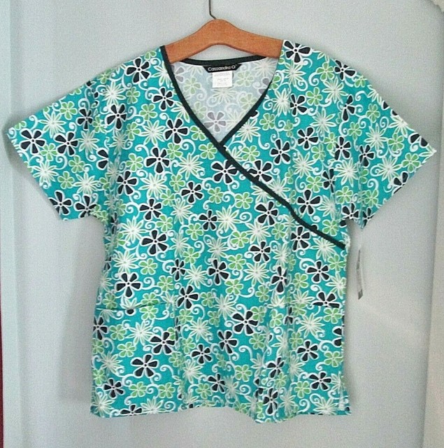 Cassandra O NWT Teal Floral Scrub Medical Top Women XL Cotton Blend eBay