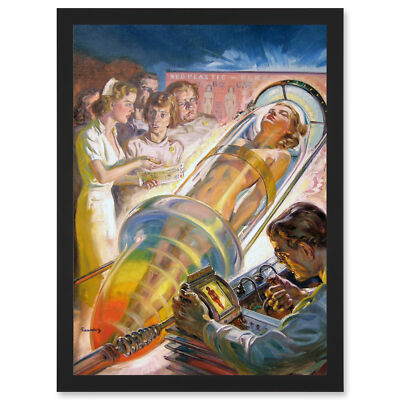 Vintage Sci Fi Neo Kunststoff Frau Wissenschaftler Space Age gerahmt A3 Wandkunstdruck