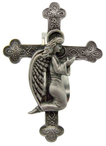 Croix gothique en étain avec ange en prière étain clip de visière de voiture auto, 2 5/8 pouces - Photo 1 sur 1