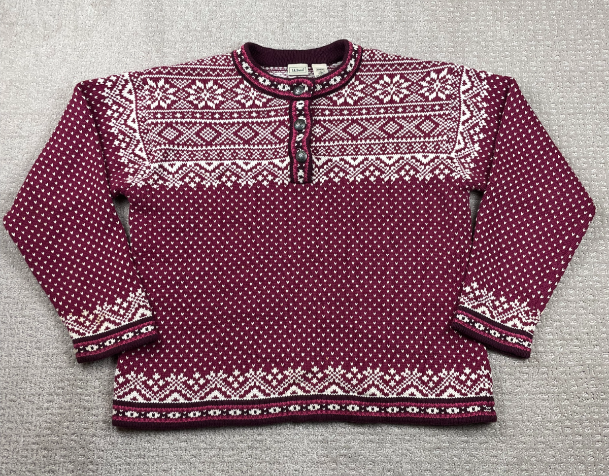 Vintage LL Bean Sweater Womens L Red Nordic Fair Isle Birdseye 1/4 Button 0UF37