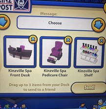Webkinz Kinzville Spa virtual items front desk, pedicure chair, shelf bundle