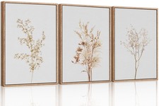 Wildflower Floral Framed Canvas Wall Art Set, Beige Botanical Wall Decor, Min...