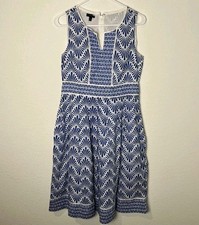 Talbots Dress Womens 2 Blue White Sleeveless Fit Flare Geometric Floral Mgd
