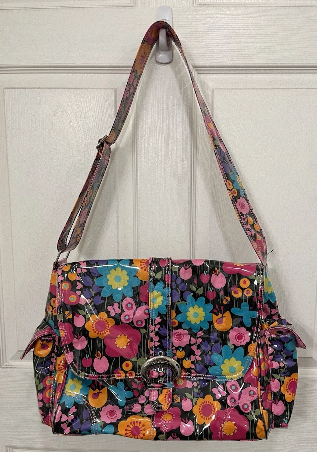 Kalencom Laminated Large Buckle Diaper Bag Flower Power Print Multicolor
