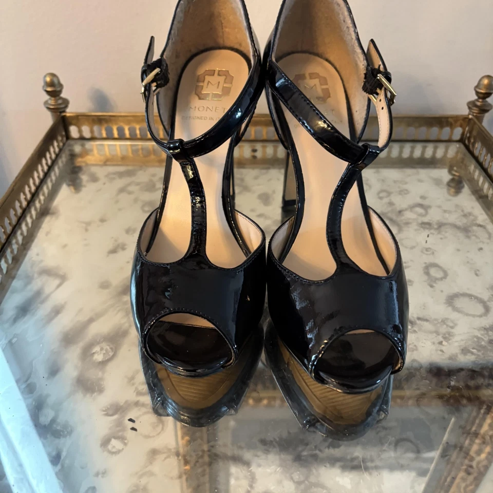 Zapatos Monet para mujer talla 6,5 M charol negro Italia punta abierta correa de tacón alto Foto 3 de 4