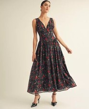 Sleeveless Floral V-Neck Fit  Flare Midi Dress Pleated Black Red Multicolor