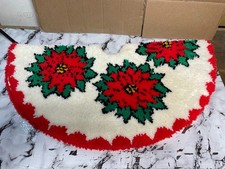 Latch Hook Poinsettia Christmas Tree Skirt Vintage Holiday Hand Made Decoration