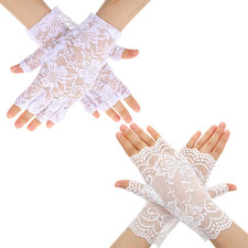 2 Pairs White Lace Gloves Fingerless Women Elegant Floral Gloves for Weddings