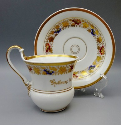 Antique KPM Berlin Hand Painted Gold Floral Cup & Saucer Circa 1844 Blue Scepter