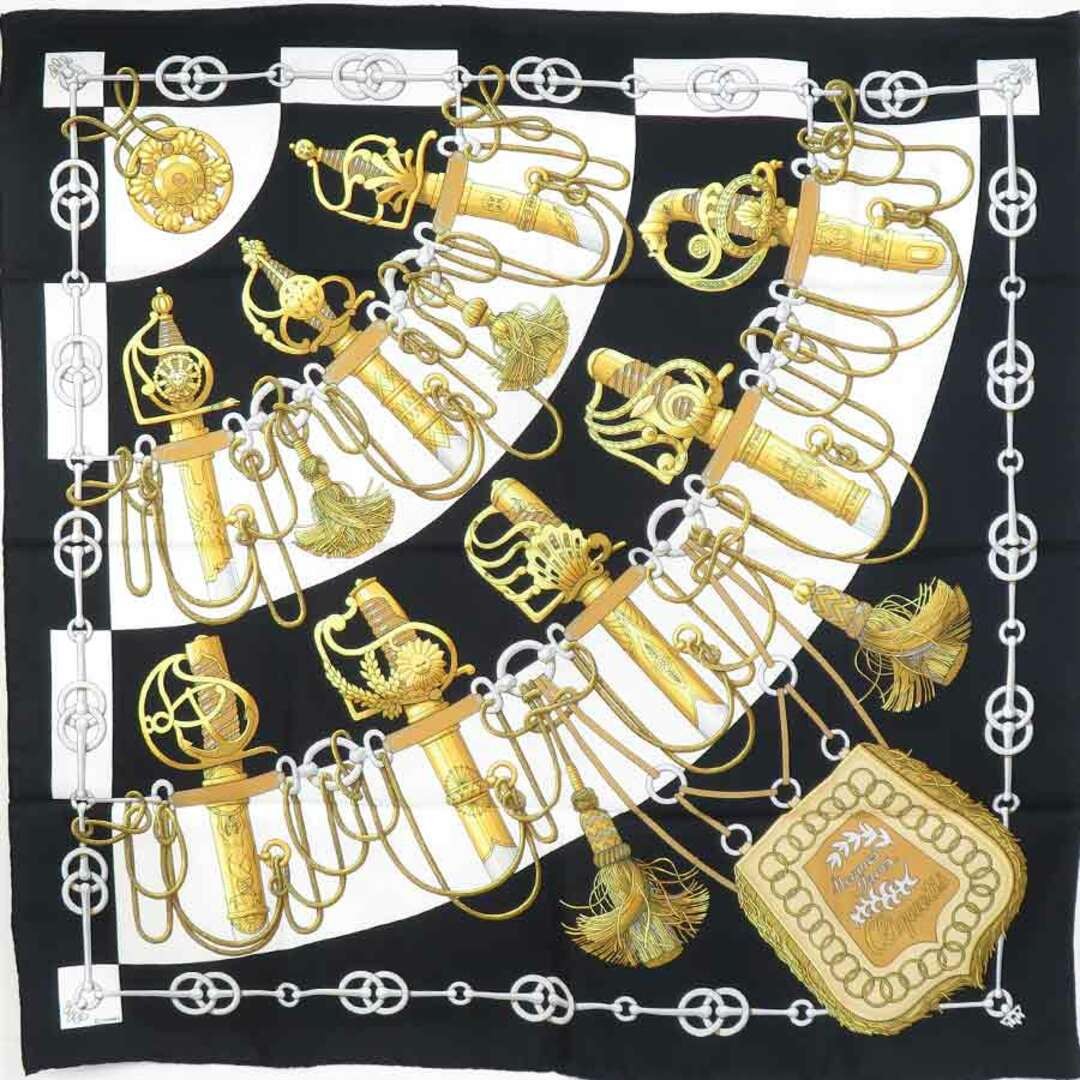 Hermes Cliquetis Silk Scarf 90 Black Gold White Ladies Preowned E60123A