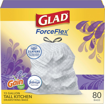 Glad Forceflex Tall Kitchen Drawstring Trash Bags, 13 Gal, Gain Lavender, 80 Ct 