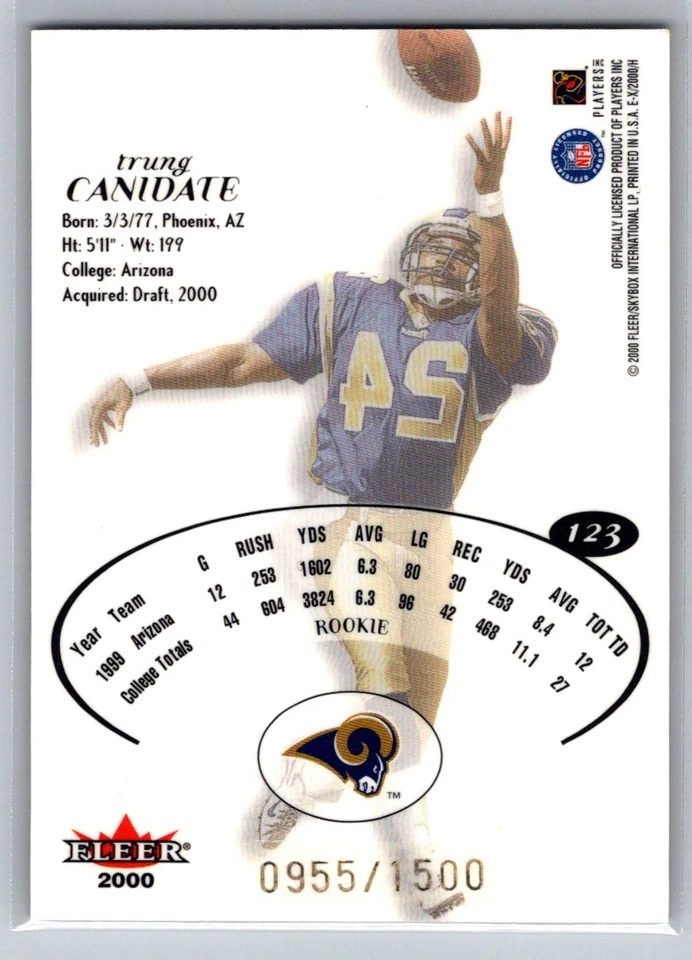 2000 Fleer E-X Trung Canidate #123 St. Louis Rams Rookie #/1500 Football Card - Image 2 of 2