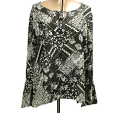 Fashion Bug Floral Chiffon Long Bell Sleeve Tunic Top Black & White 18/20
