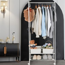 Image of Simple White Cloth Rack Free Stand Garment Heavy Duty Iron Frame w 2 Shelves UK