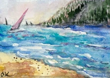 ACEO Original Seascape yacht racing mountains beach  Watercolour 3.5" x 2.5"