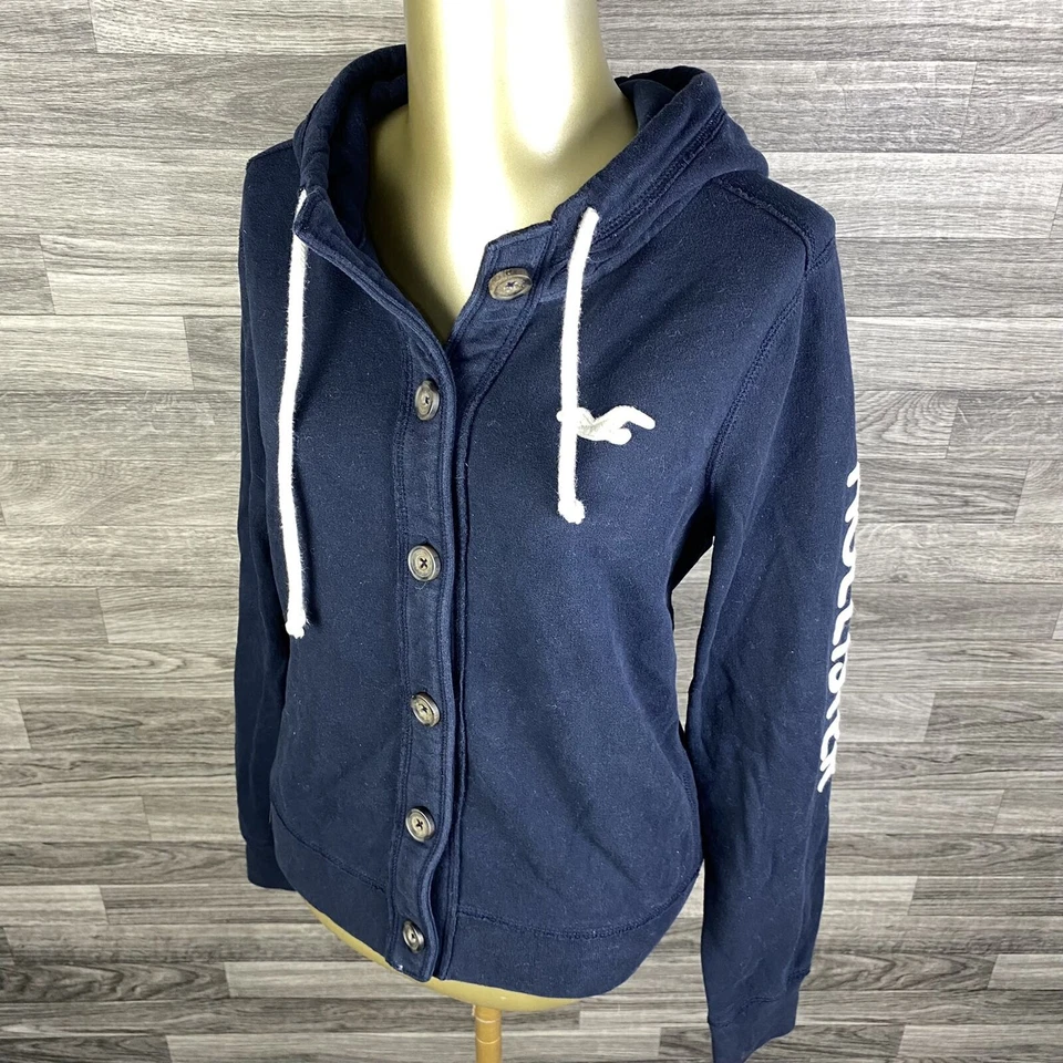 HOLLISTER Graphic On Sleeve Button Down Blue Sweatshirt Hoodie Girl's Size Large - Image 2 of 4