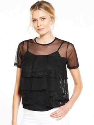V By Very Mesh Frill Lace Tiered Top Black UK 14 rrp £28 DH8 PP 19