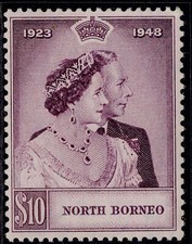 NORTH BORNEO GVI SG351, $10 mauve, LH MINT. Cat &pound;35.