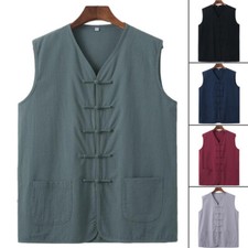 Mens Traditional Chinese Tang Suit Vest Tops Cotton Martial Arts Kung Fu Uniform